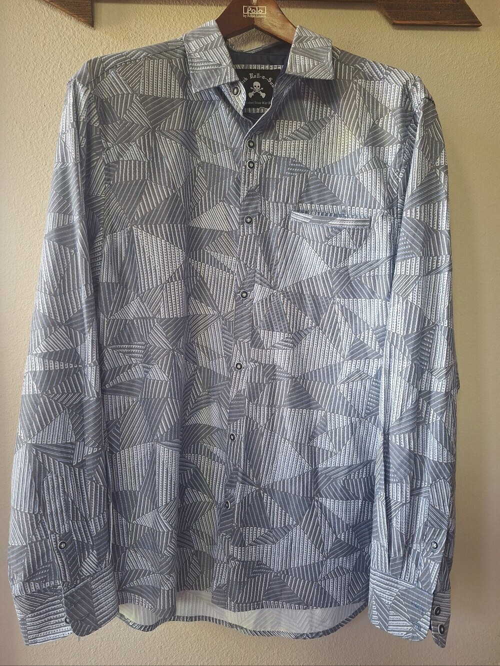 Rock Roll N Soul Shirt Men's L Geometric Silky All Over Print AOP Grunge Cowboy
